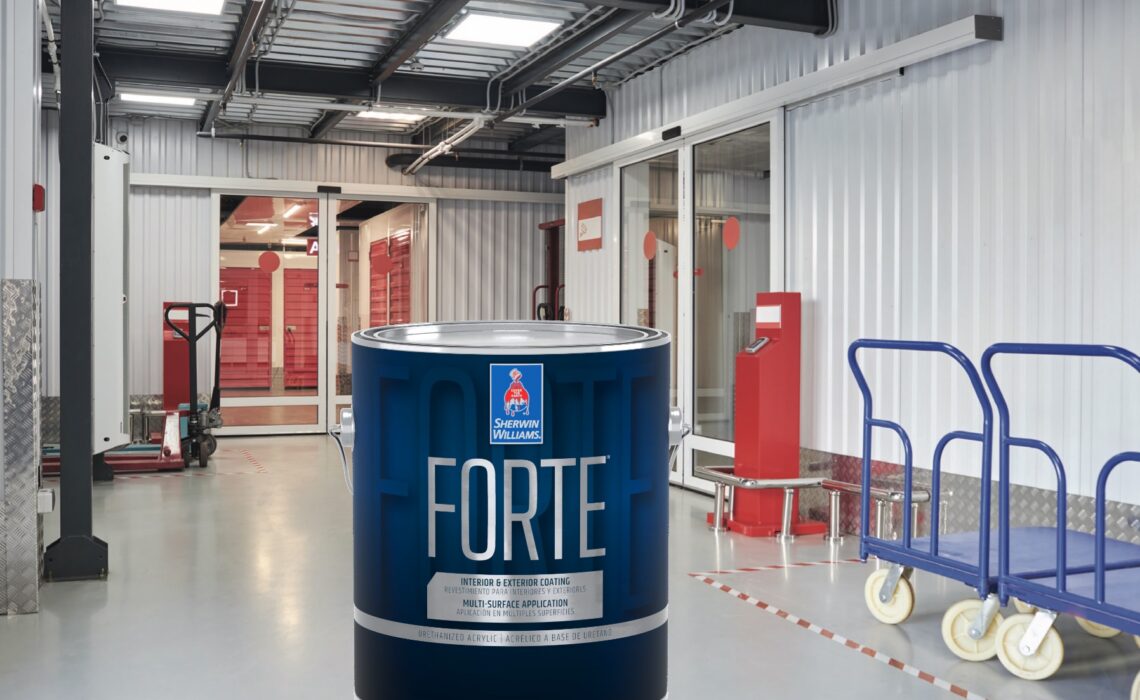Composite photo of Forte Urethanized Acrylic paint can with commercial project photo